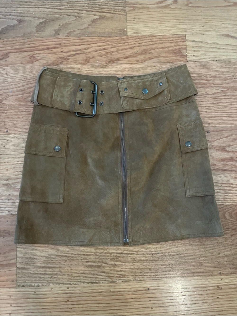 INC International Concepts Brown Suede Leather Cargo Mini Skirt Belted Size 4 Y2